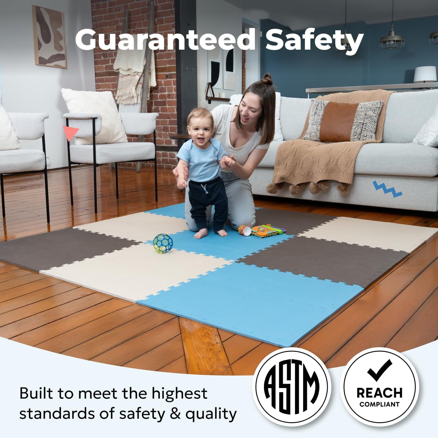 MioTetto Foam Floor Tiles for Kids - Non-Toxic Comfortable Baby Play Mat and Interlocking Foam Tiles, Fits with 74x74 Playpen Mat for Crawling & Development, Soft Play Mat for Babies 6-12 Months