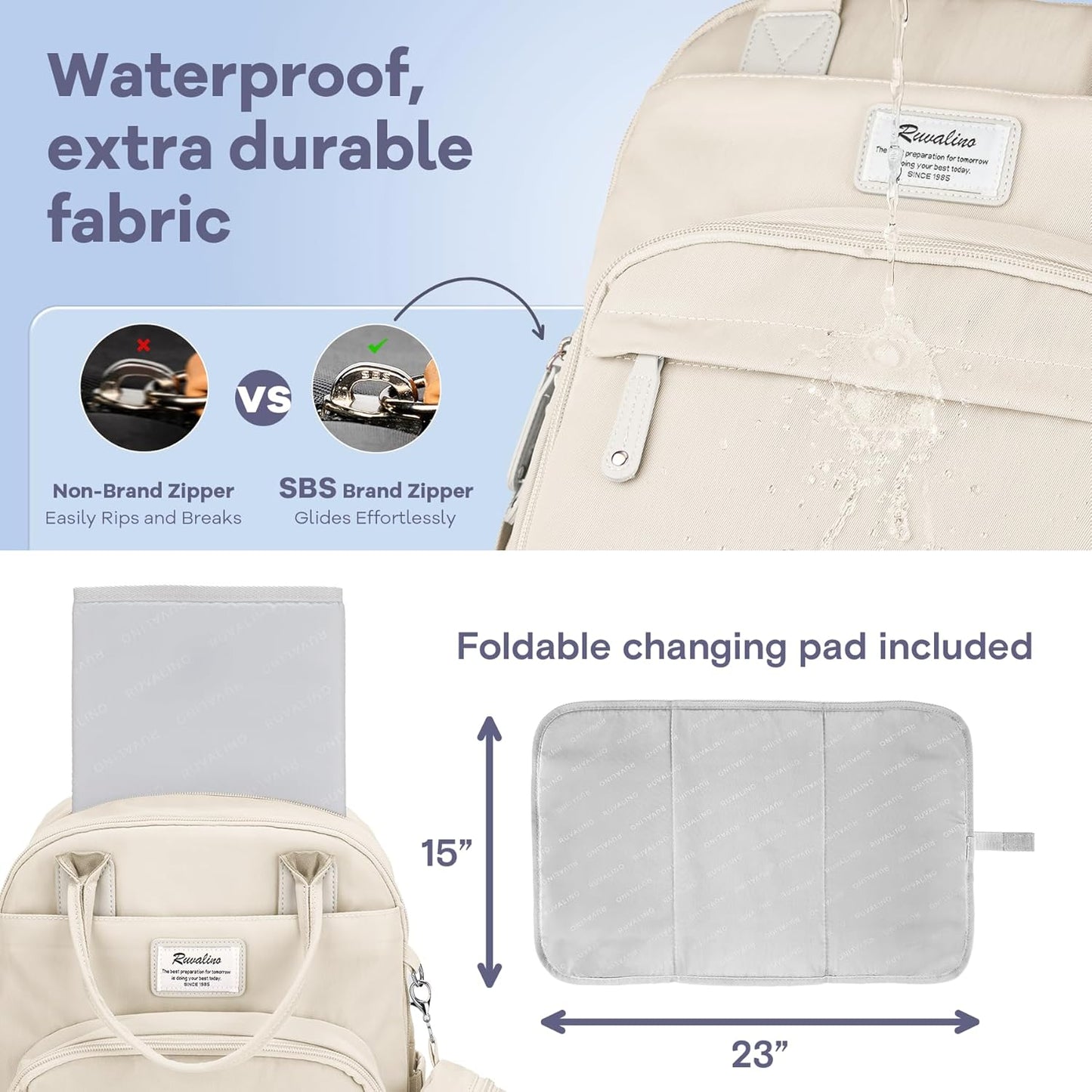 RUVALINO Diaper Bag Backpack-Multifunction Baby Travel Bag with Changing pad, Insulated Bottle Holders & Pacifier Case, Large Capacity, Waterproof, Beige