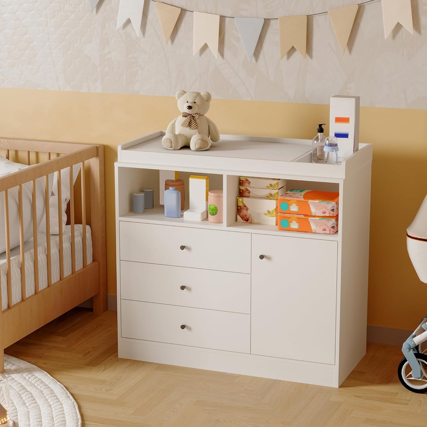 Nursery Dresser with Changing Table Top - Tall Wooden Diaper Changing Station with 2 Open Shelves, 3 Drawers, and 1 Cabinet, Ideal for Children's Room, White