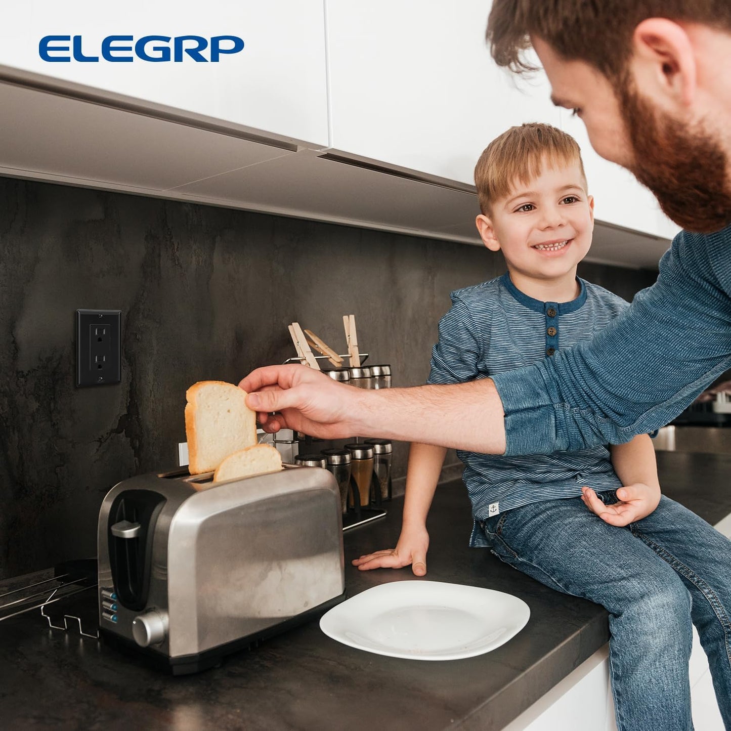 ELEGRP Decorative Receptacle Wall Plate, 1-Gang Mid Size Outlet Decorator Cover, Unbreakable Polycarbonate Dual Port Faceplates Covers, UL Listed, Screws included (5 Pack, Glossy Black)