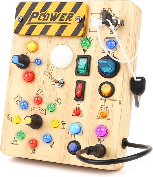 Joyreal Montessori Busy Board Wooden Sensory Toys for Toddler with LED Light Up Switch, Baby Fidget Board Travel Toys for 18+ Months, 1 2 3 Year Old Boys Girls Toddler Toy Gifts (Classic)