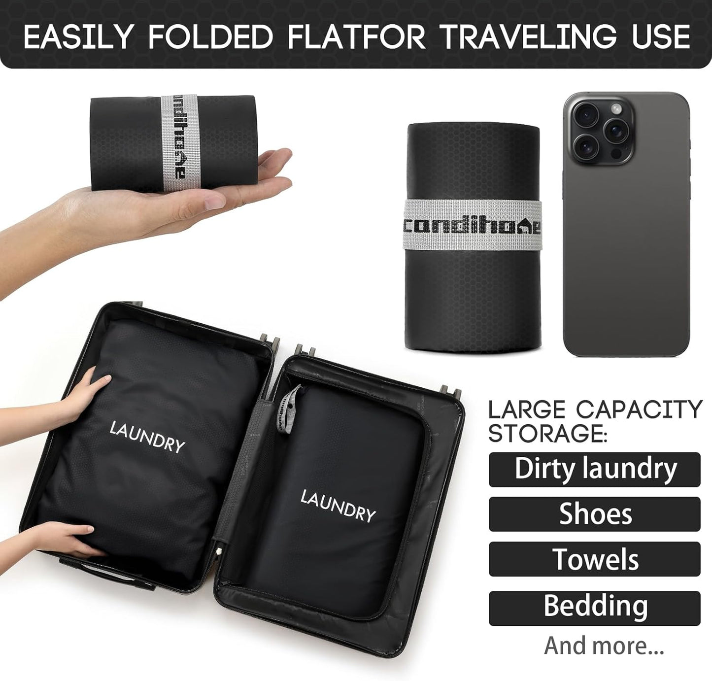 Travel Laundry Bag (2 Pcs - Large + Small) - Foldable Waterproof Washable Wet Dry Bag for Gym, Swimming, Yoga, and Workout Perfect for Dirty Clothes, Bathing Suits, Travel Accessories Black