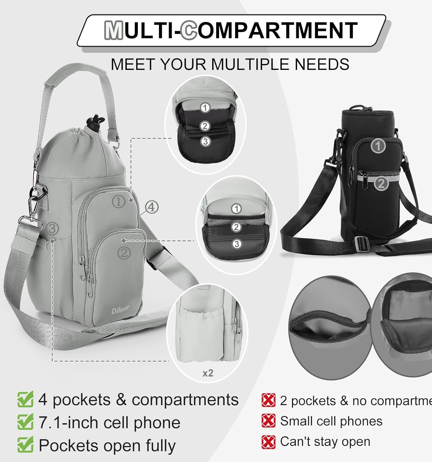 Water Bottle Holder with Strap, 4 Big Pockets with Compartment, 24oz/32oz/40oz Crossbody Water Bottle Carrier Bag