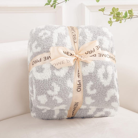 NEXHOME PRO Leopard Soft Blanket Twin Size, Fuzzy Throw Blanket for Couch Bed Sofa Picnic, Knit Blankets for Women Gifts Grey 60 x 80 inches