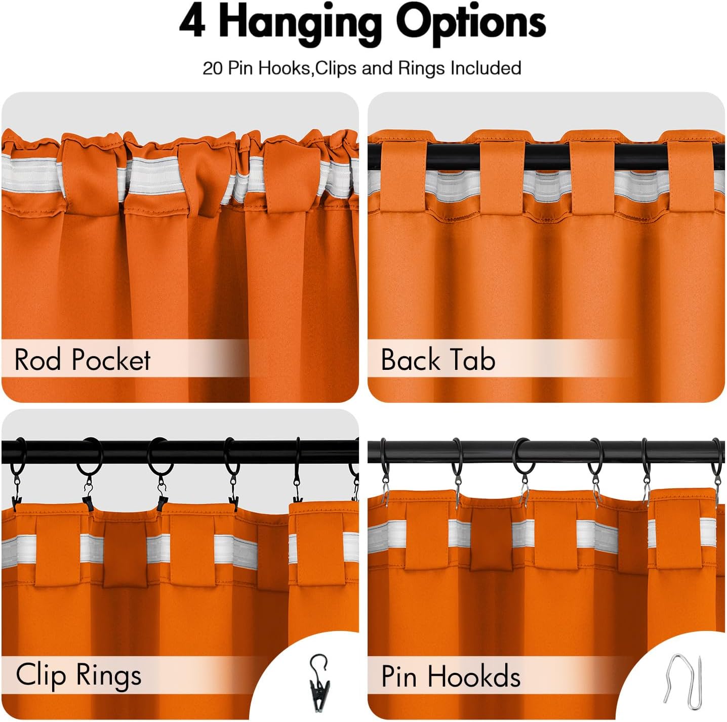 ANRODUO Back Tab Blackout Curtains for Bedroom Living Room, Rod Pocket Pinch Pleated Thermal Insulated Room Darkening Curtains 72 Inches Long 2 Panels, Orange, 42 x 72 Inch