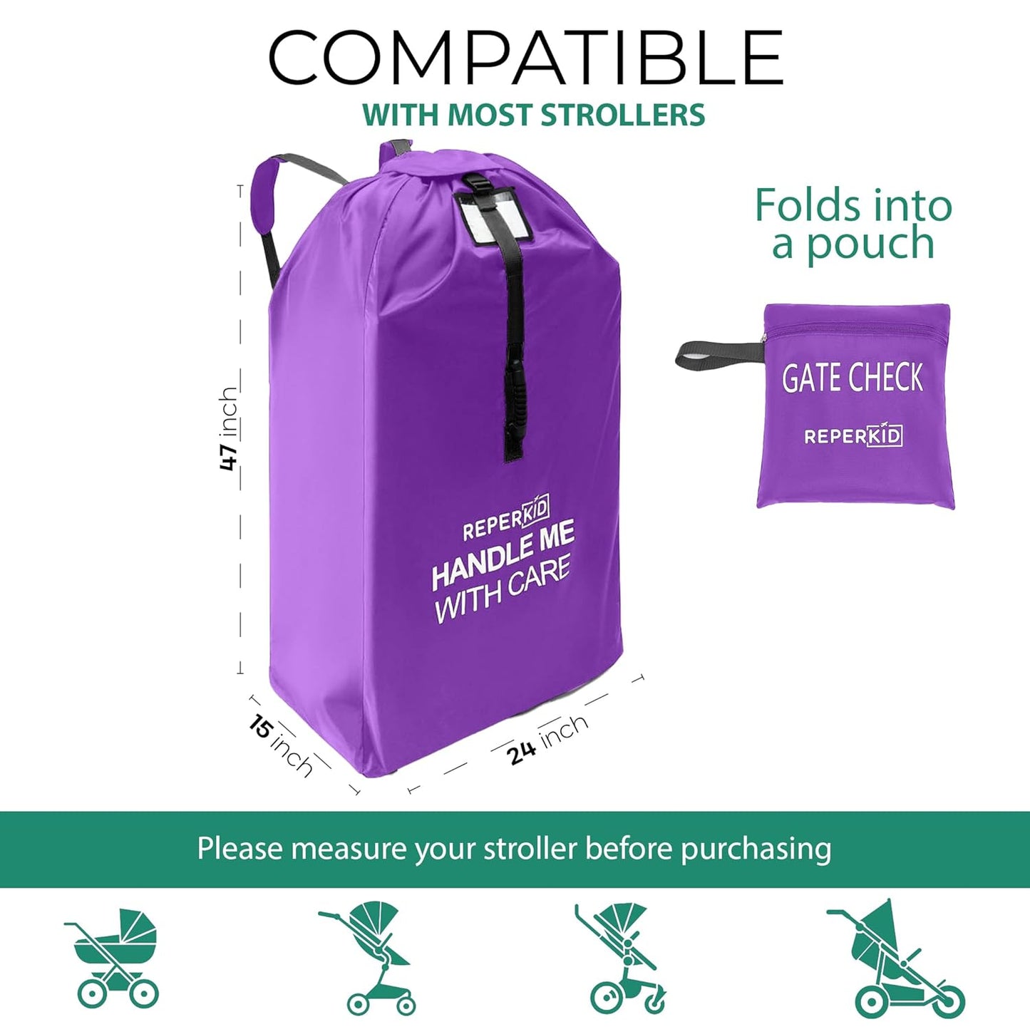 reperkid Large Stroller Bag for Airplane Travel, Purple, 47" H x 24" W x 15" D, Fits Most Large, Single, Double, Jogging Strollers – Premium Waterproof Cover, Adjustable Shoulder Straps