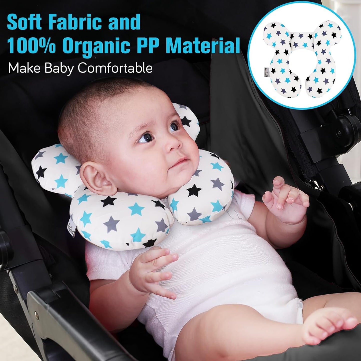 KAKIBLIN Baby Neck Pillow, Upgraded Baby Support Pillow, Head Pillows for Carseat, Newborn Neck Support for Car Seat,Pushchair,Travel (White Star)