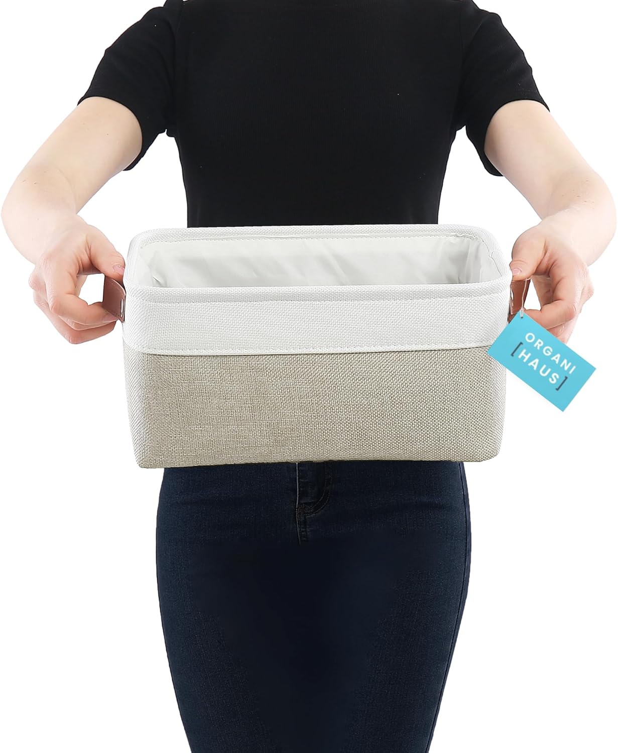 OrganiHaus Small Fabric Storage Baskets for Shelves 6 Pack, 12x8in Closet Storage Bins for Shelves, Cloth Storage Bins, Linen Closet Organizers, Fabric Basket, Shelf Baskets for Organizing Beige/White