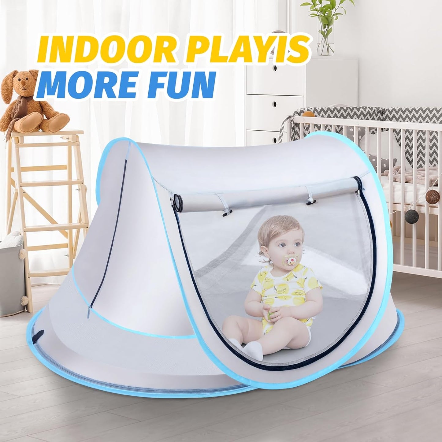 Baby Beach Tent with Baby Hat, Pop Up Toddler Travel Bed with Sun Hat for Boys or Girls, Sun Shade for Toddler Camping, Infant Portable Sun Shade, Summer Beach Baby