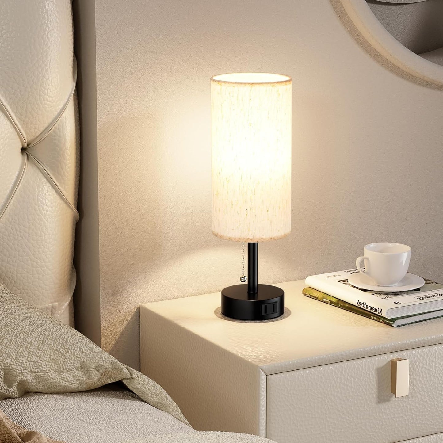 Bedside Table Lamp for Nightstand - 3 Color Temperatures Pull Chain Lamp with AC Outlet Charging Port, Round Night Stand Light for Bedroom Living Room, Small Bed Side Light with E26 LED Bulb