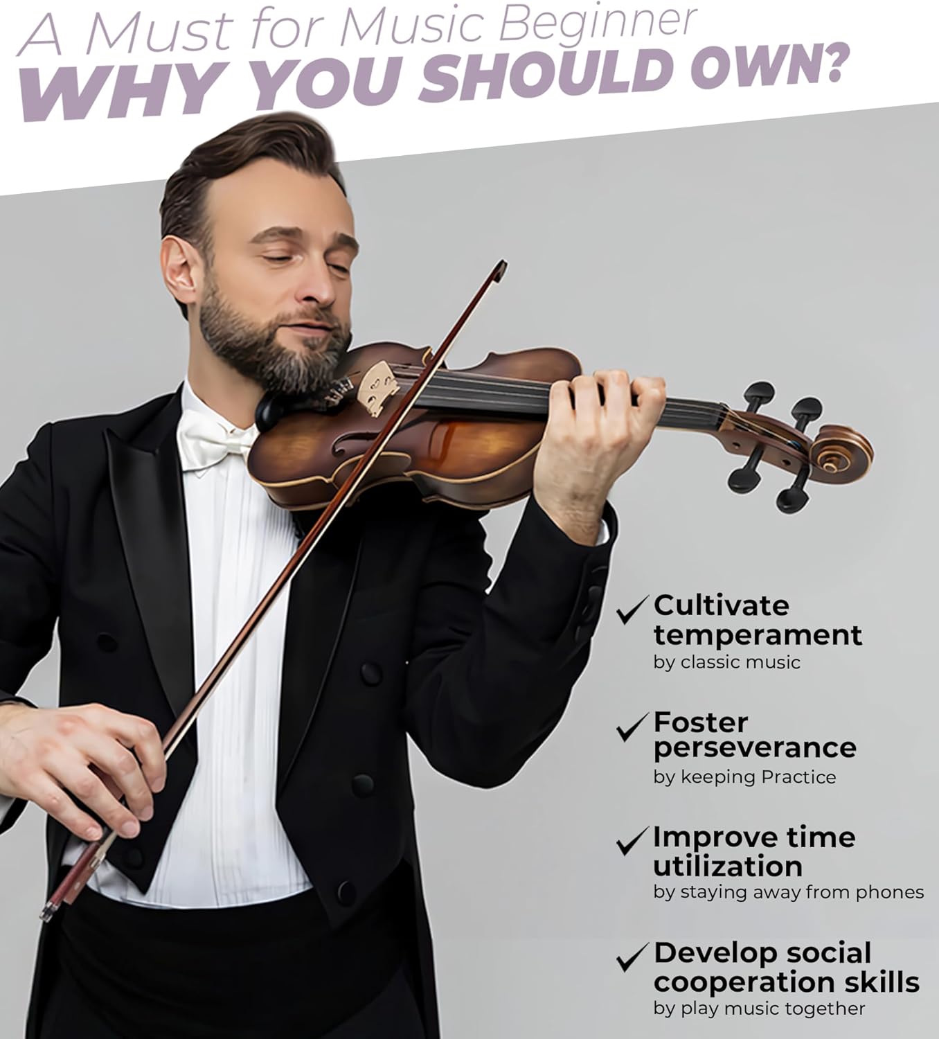 Vangoa Violin 4/4 Full Size Set, Varnish Fiddle Solid Wood for Professional Adults Senior Intermediate Beginners Student Starter Acoustic Violins Kit Outfit with Ebony Fitted, Hard Case, Right Handed