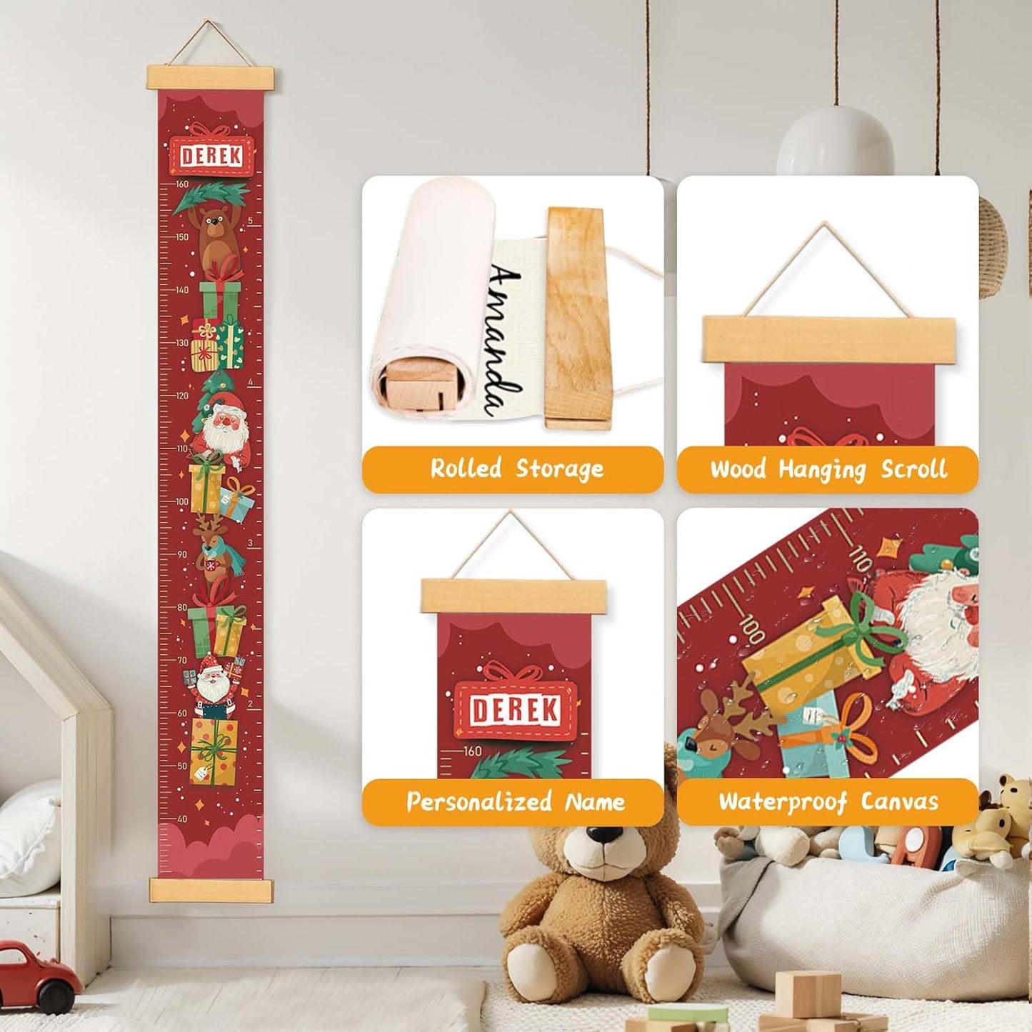 Personalize Name Baby Height Growth Chart, Christmas Theme Canvas&Wood Growth Chart for Wall Room Nursery Decor, Waterproof Measuring Wall Ruler, Wall Tape with Height Chart for Kids