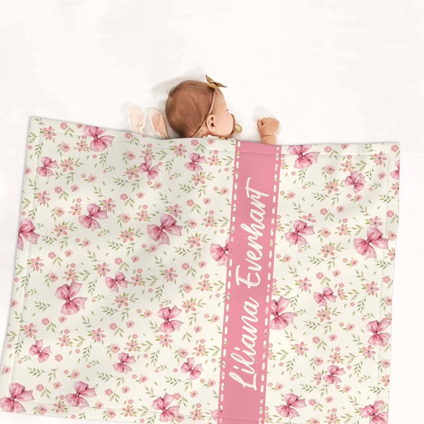 Personalized Baby Girl Crib Bedding Set – Custom Name Pink Bows 3-Piece Nursery Set with Soft Flannel Blanket, Fitted Sheet & Pillowcase – Infant & Toddler Bedding Gift