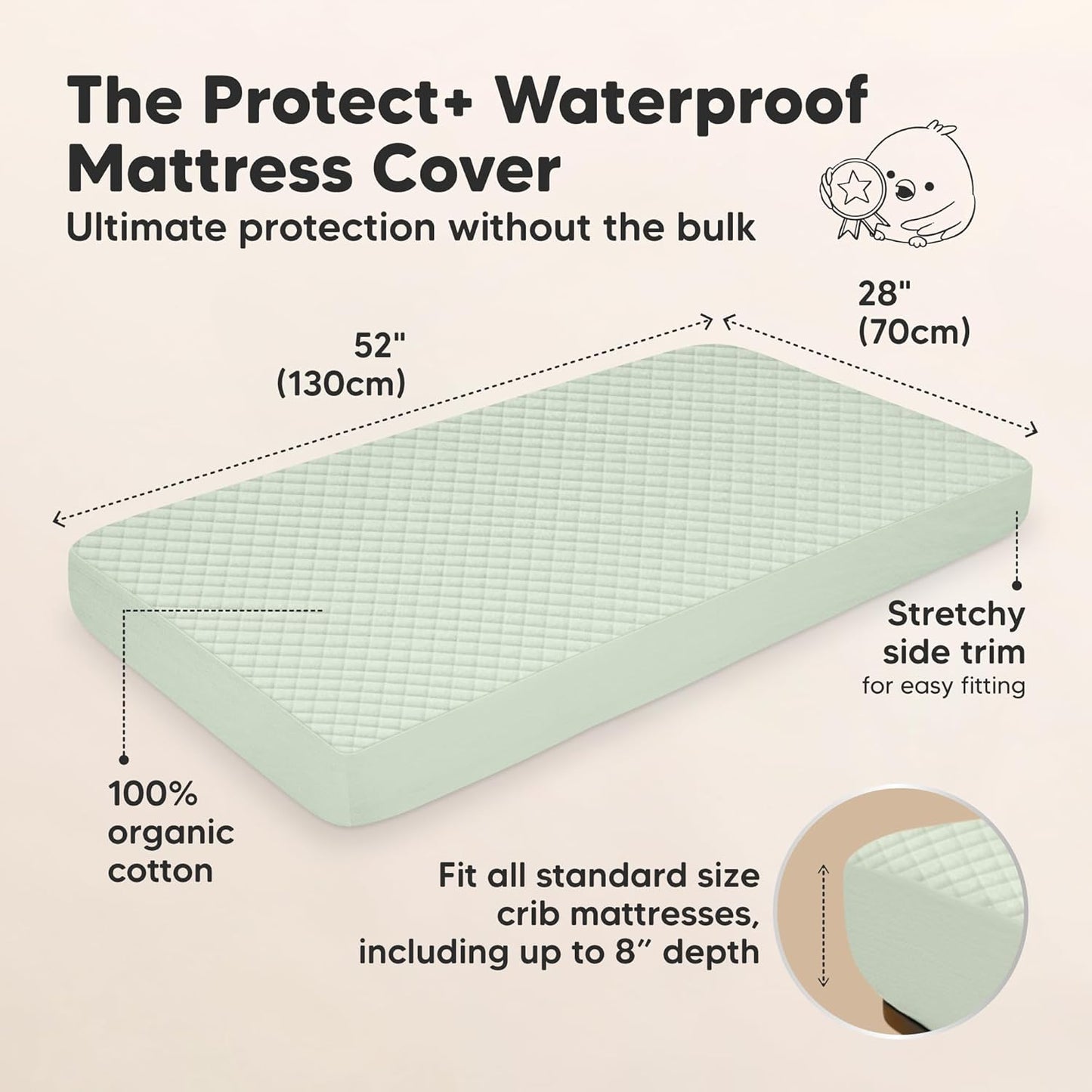 Waterproof Crib Mattress Protector Cover Fitted - 2-Pack Quiet Baby Crib Mattress Pad Sheets, 52" x 28" Soft Quilted Cotton Baby Sheet, Machine Washable, Easy Fit, Durable (Aloe/Quin)