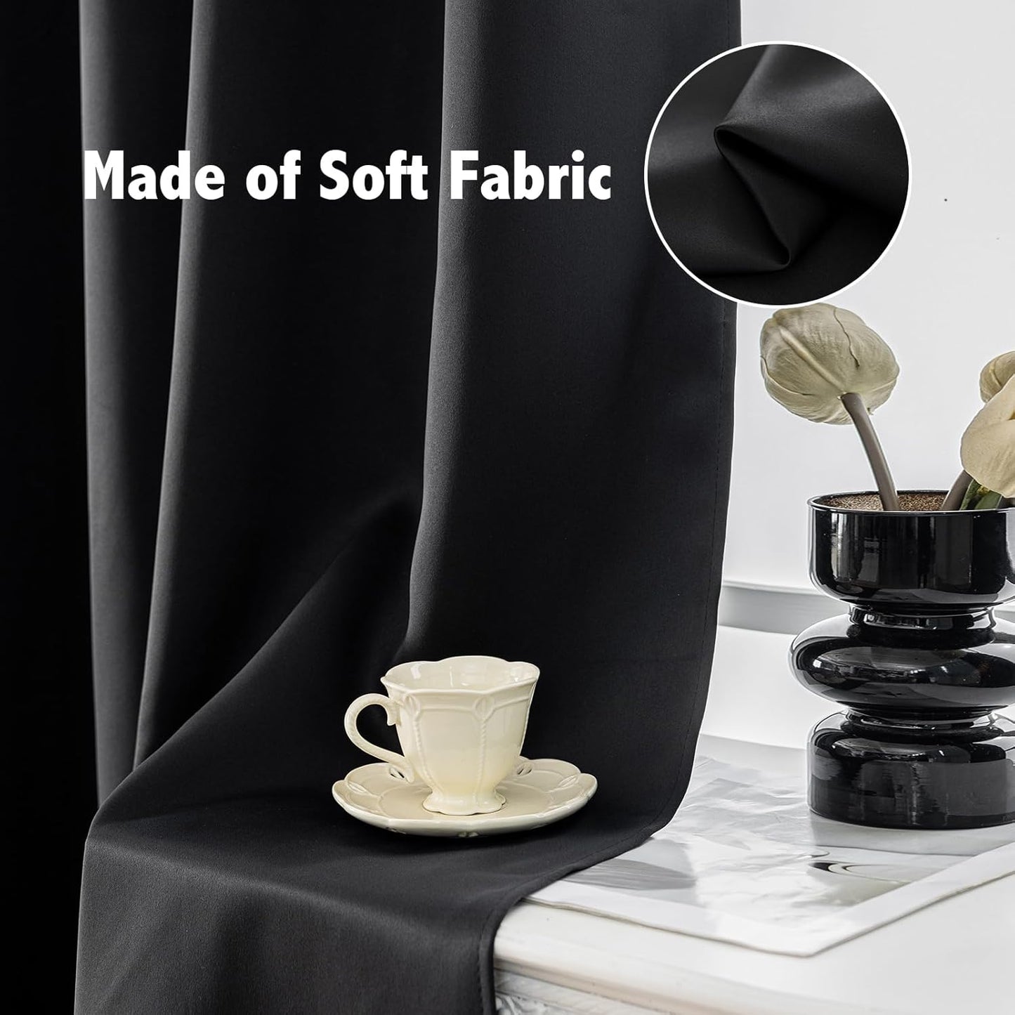 Anytime 100% Blackout Curtain Set, Thermal Insulated & Energy Efficiency Window Draperies for Guest Room, Full Shading Panels for Shift Worker and Light Sleepers（Black, 2 Panels, 52W x 63L）