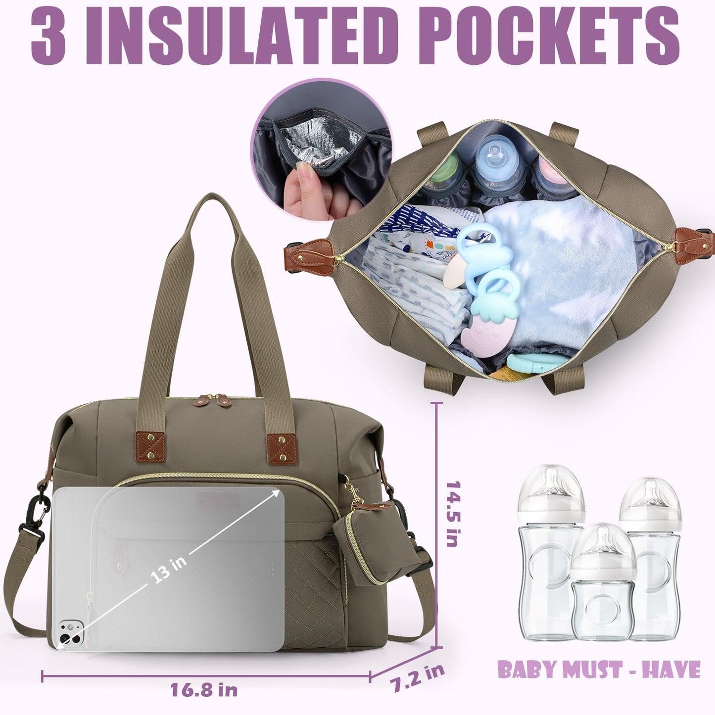 Tuwubi Diaper Bag Tote,Baby Diaper Bag with Pacifier Case Large Travel Diaper Tote Caddy for Mom and Dad Multifunction Large Baby Bag - Khaki