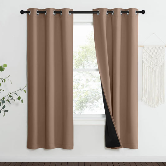 NICETOWN 100% Blackout Curtains Thermal, Noise Reduction and Privacy Curtains for Patio Door, Black Lined Blackout Drapes with Grommet Top, Cappuccino, 1 Pair, W37 x L70