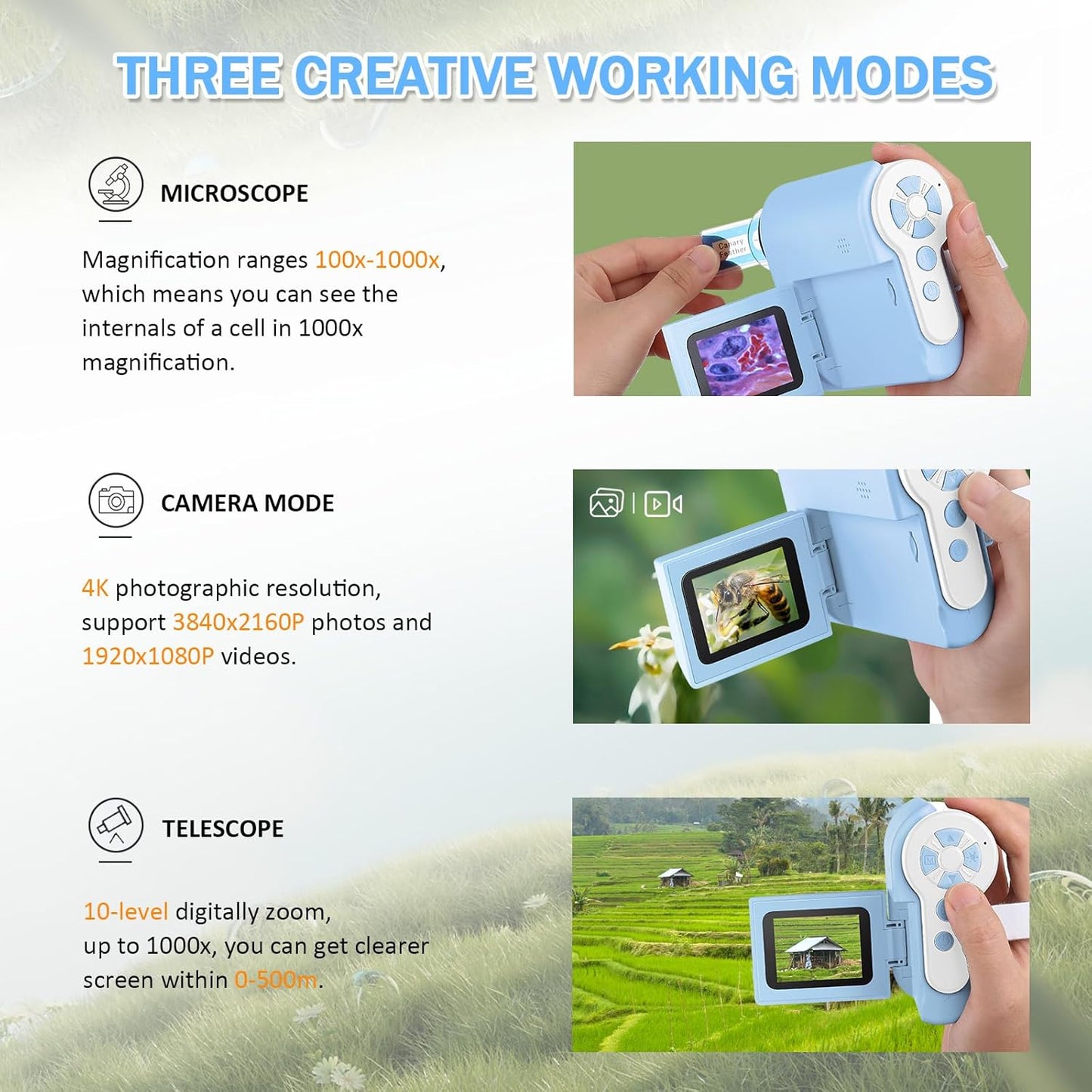 1000X Handheld Microscope for Kids, 4K 2.0" Screen Mini Pocket Microscope with 6 Adjustable LED Lights, Edu Science Birthday Gifts for Kids Ages 8-12, 32G SD Card Included - Blue