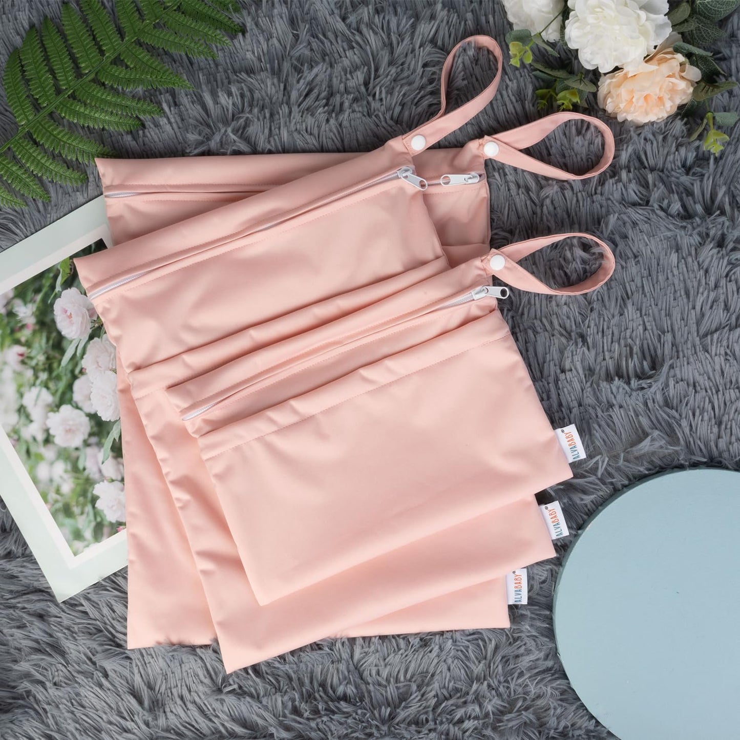 ALVABABY 3pcs Baby Cloth Diaper Wet/Dry Bags|Waterproof Reusable with Two Pockets|Travel, Beach, Pool, Daycare, Soiled Baby Items,Yoga，Gym Bag for Swimsuits or Wet Clothes (3 pcs in SML, Pink) 3L-B19