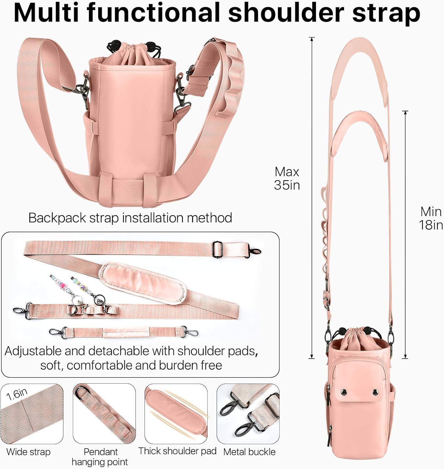 Water Bottle Holder with Strap 32 40oz Crossbody Insulated Water Bottle Carrier Sling Bag with Adjustable Wide Strap and Phone Purse 5 Pockets for Walking Hiking Gym Travel