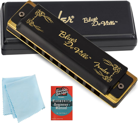Fender Blues DeVille Harmonica - Key of E Bundle with Carrying Case, Austin Bazaar Online Manual, and Polishing Cloth
