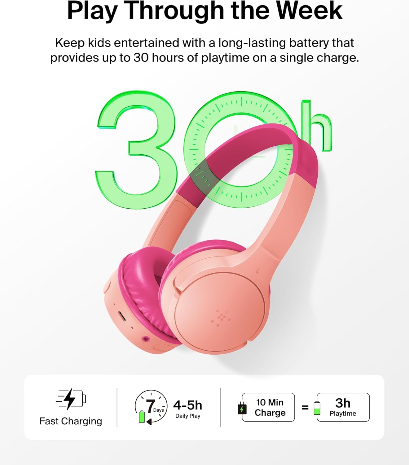 Belkin SoundForm Mini - Wireless Bluetooth Kids Headphones with 30H Battery Life, 85dB Safe Volume Limit, Built-in Microphone - Kids On-Ear Earphones for iPhone, iPad, Fire Tablet & More - Pink
