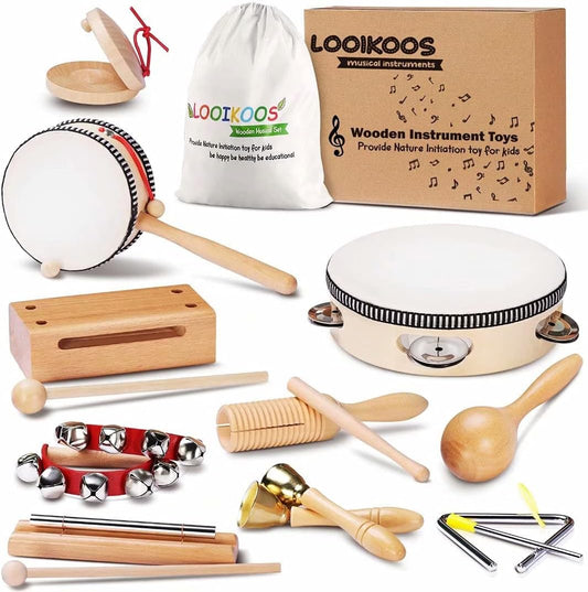 LOOIKOOS Toddler Musical Instruments Montessori Natural Wooden Percussion Instruments for Kids Preschool Educational Musical Toys Set for Boys and Girls with Storage Bag