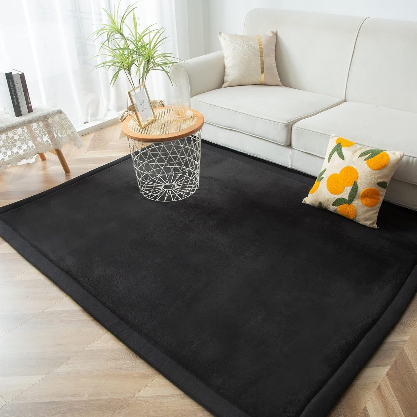 MAXYOYO Black Coral Velvet Area Rug, Thick Japanese Tatami Mat Living Room Carpet with Non-Slip Backing, Large Solid Color Mat for Bedroom Dormitory Yoga, 59 by 78 inch