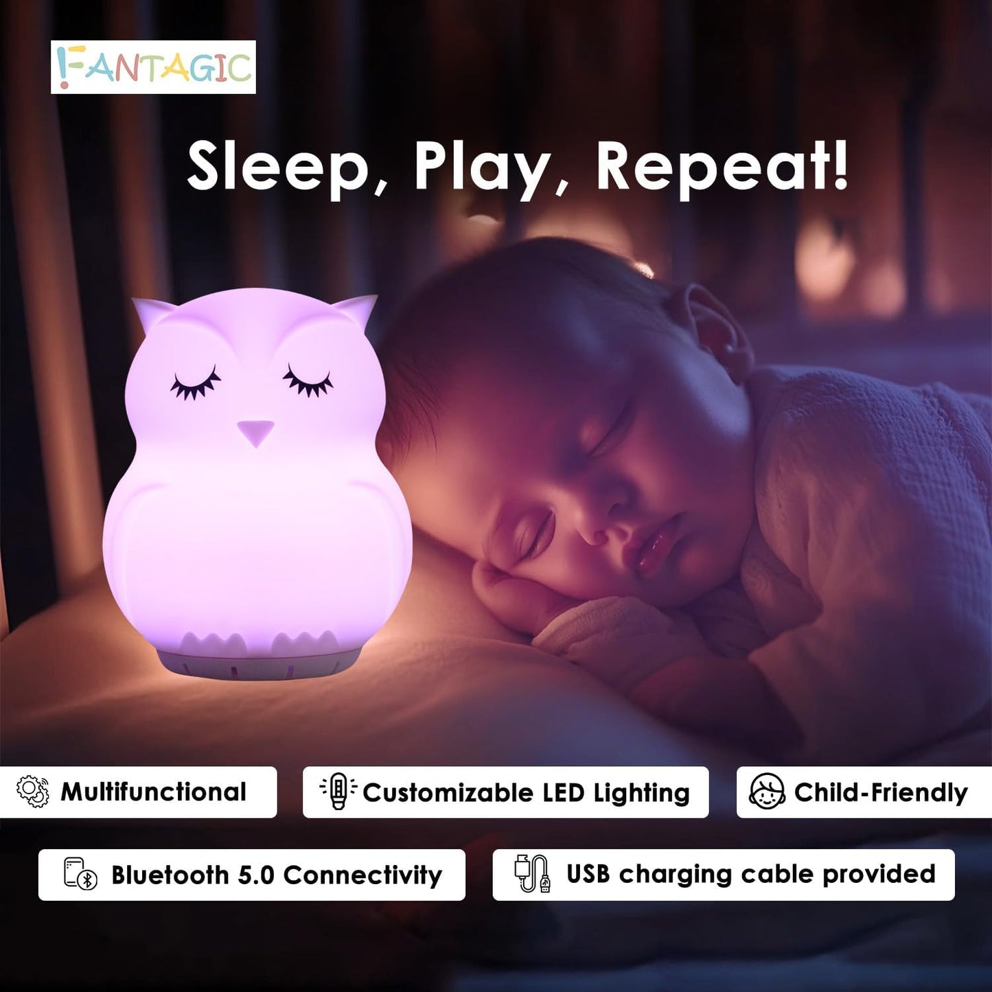 Combined Bluetooth Speaker & Nightlight With 9 Color Emissions, Child Friendly Silicone & BPA Free, USB Recharging, Receives Audio From Computer, Phone Or Tablet, and includes Remote Control (Owl)