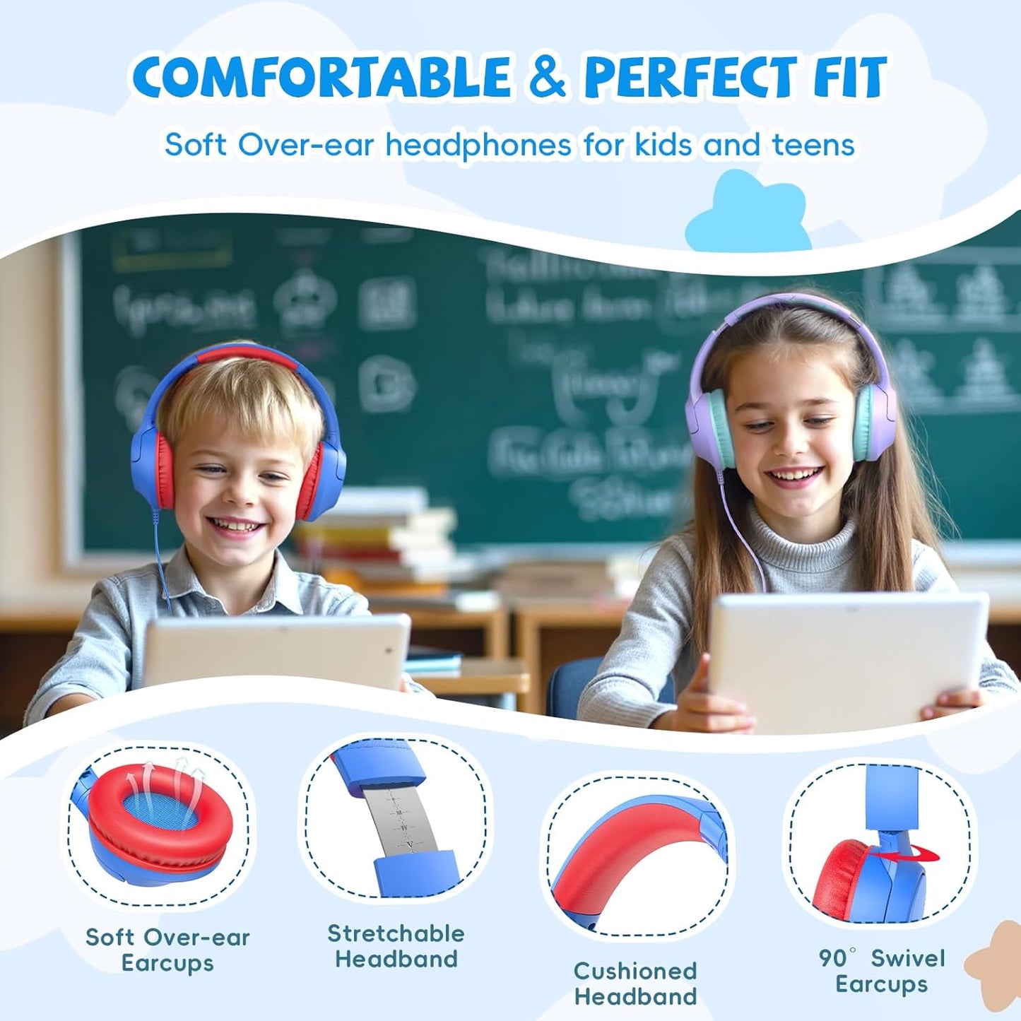 Kids Headphones for School, 85/94 dB Volume Limit, Wired Over Ear Headphones for Kids Boys Girls with Microphone, Foldable Stereo Sound 3.5mm Wired Cord for Kindle Tablet Airplane Travel, Blue