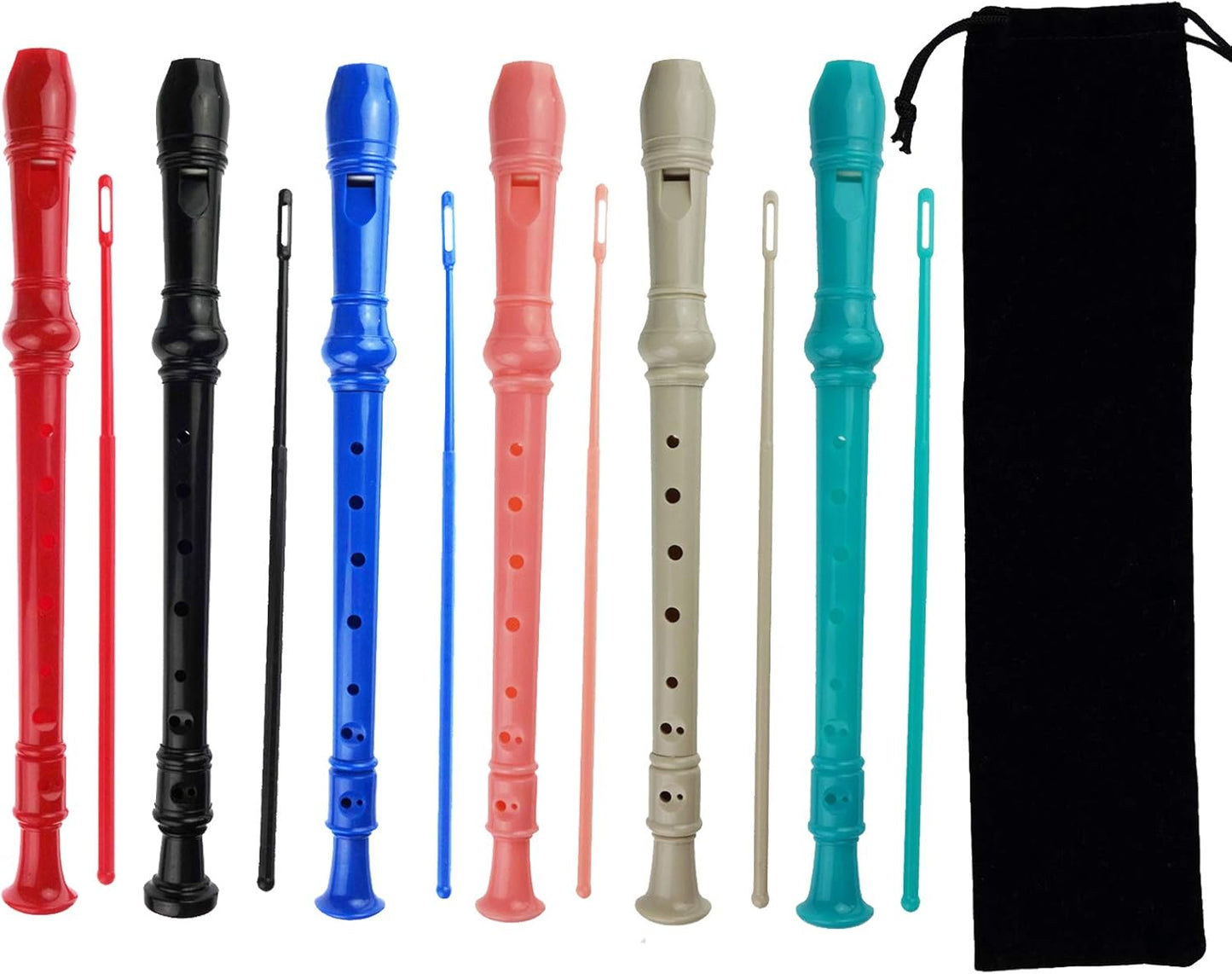 6 Pack German Style 8 Hole-3 Piece Descant Soprano Recorders with Cleaning Rod, Black Storage Bag, ABS Material (6 Colors)