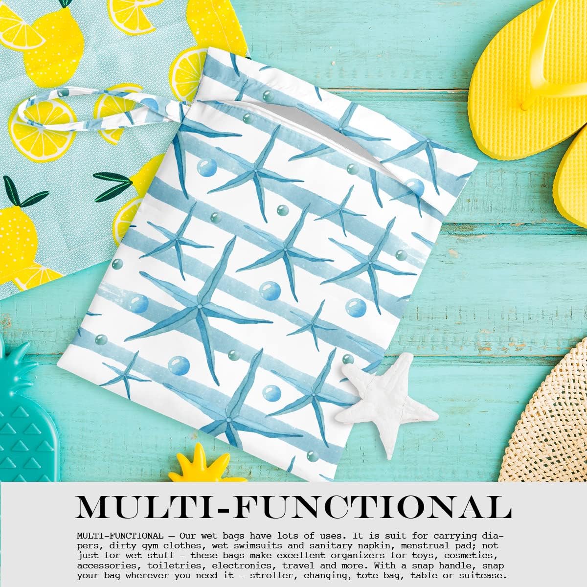 Wet Dry Bag for Swimsuit, Travel, Beach, Pool, Diapers, Dirty Yoga Gym Clothes, Makeup, Waterproof Reusable Beach Bag with Ocean Decor Starfish Sea Horse Anchor