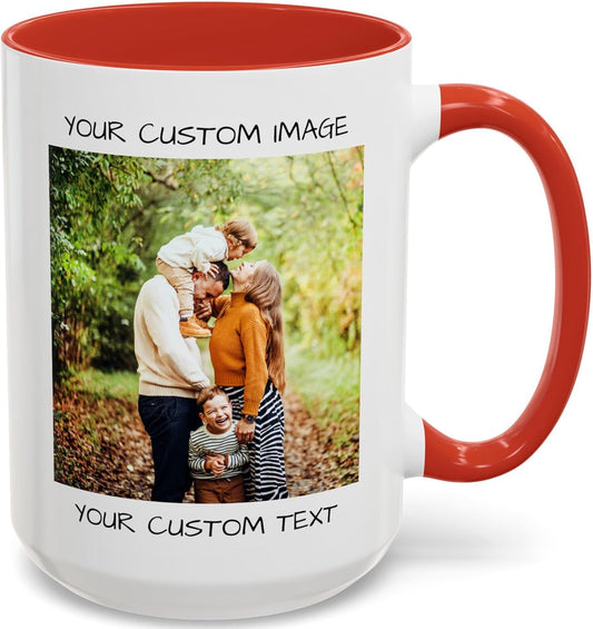Personalized Coffee Mug – Custom Photo, Text, or Logo Ceramic Mug Tea Cup | Taza Personalizada with Picture or Message | Customized Gift Idea for Men & Women, Mom, Dad, Friends - White/Red | 15oz