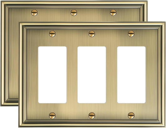 2-Pack Decorative Tripple Decorator Outlet Cover Plate, Durable Zinc Alloy Antique Brass Wall Plate for Electrical Outlets, Receptacle, GFCI Outlet, Dimmer Switch, 3-Gang, Corrosion Resistant