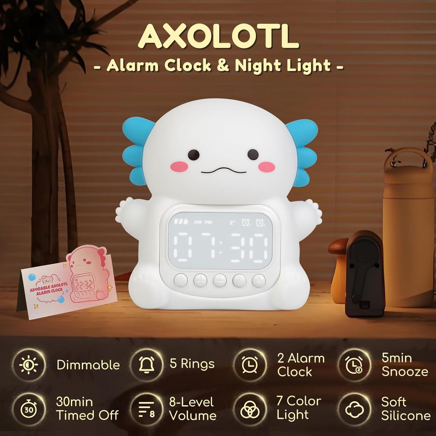 Axolotl Alarm Clock with Night Light for Kids, 7 RGB Color Cute Alarm Clocks for Bedrooms Ok to Wake Clocks, Silicone Animal Tabletop Lamp for Teen Girls Boys, White
