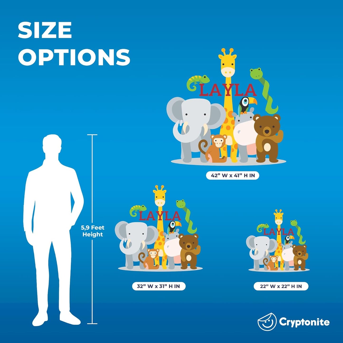 CRYPTONITE Personalized Name Jungle Animals Vinyl Wall Decor I Nursery Wall Decal for Baby Boy & Girl Decoration I Stickers for Kids I Multiple Options for Customization (A. Jungle Animals)