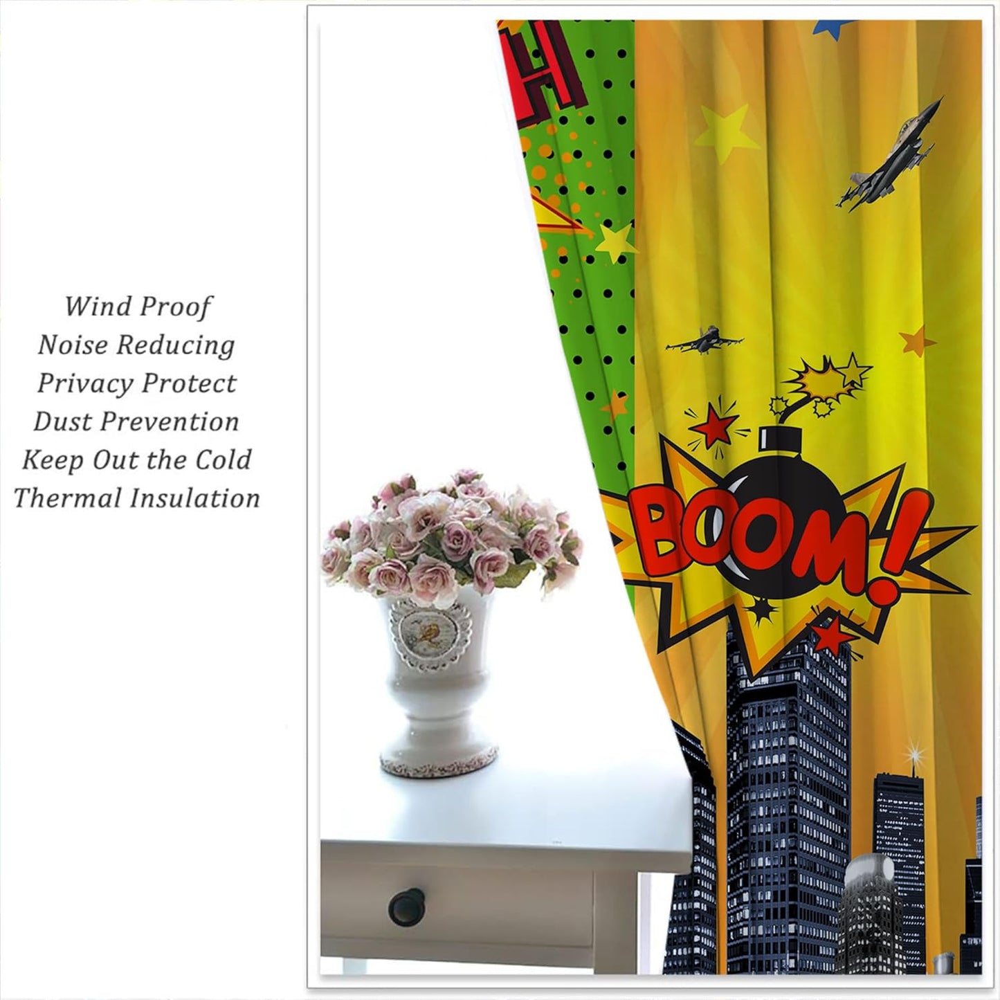 Superhero Rod Pocket Blackout Curtains for Boy Girl Bedroom, City War Explosion Comics Art Home Energy Efficient Light Filtering Window Curtain for Living Room, 84x63 inch