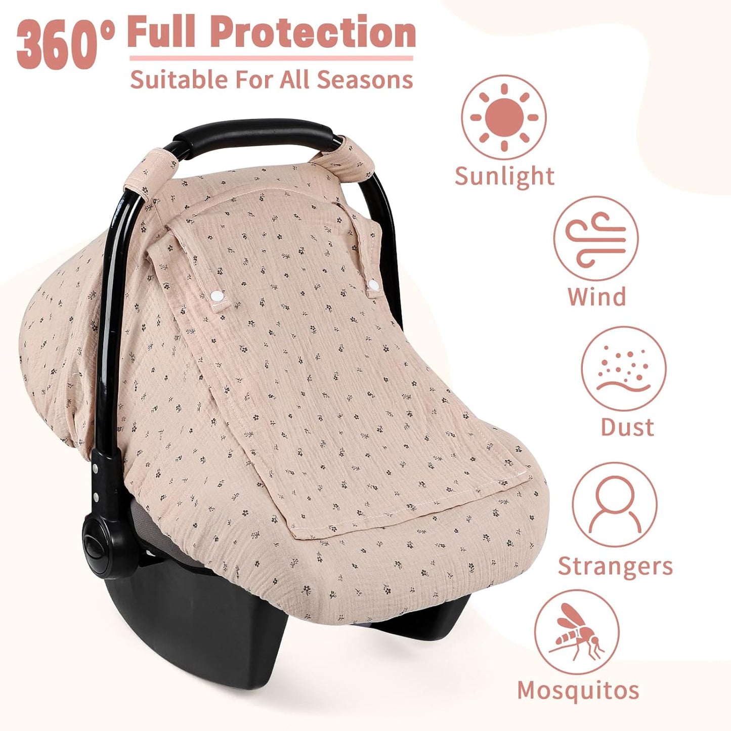 Car Seat Cover Baby, HNHUAMING Muslin Cotton Carseat Covers for Babies Girls Boys Summer Infant Car Seat Covers Canopy, Cozy Newborn Carseat Covers Stroller Cover with Breathable Mesh Window, Brown