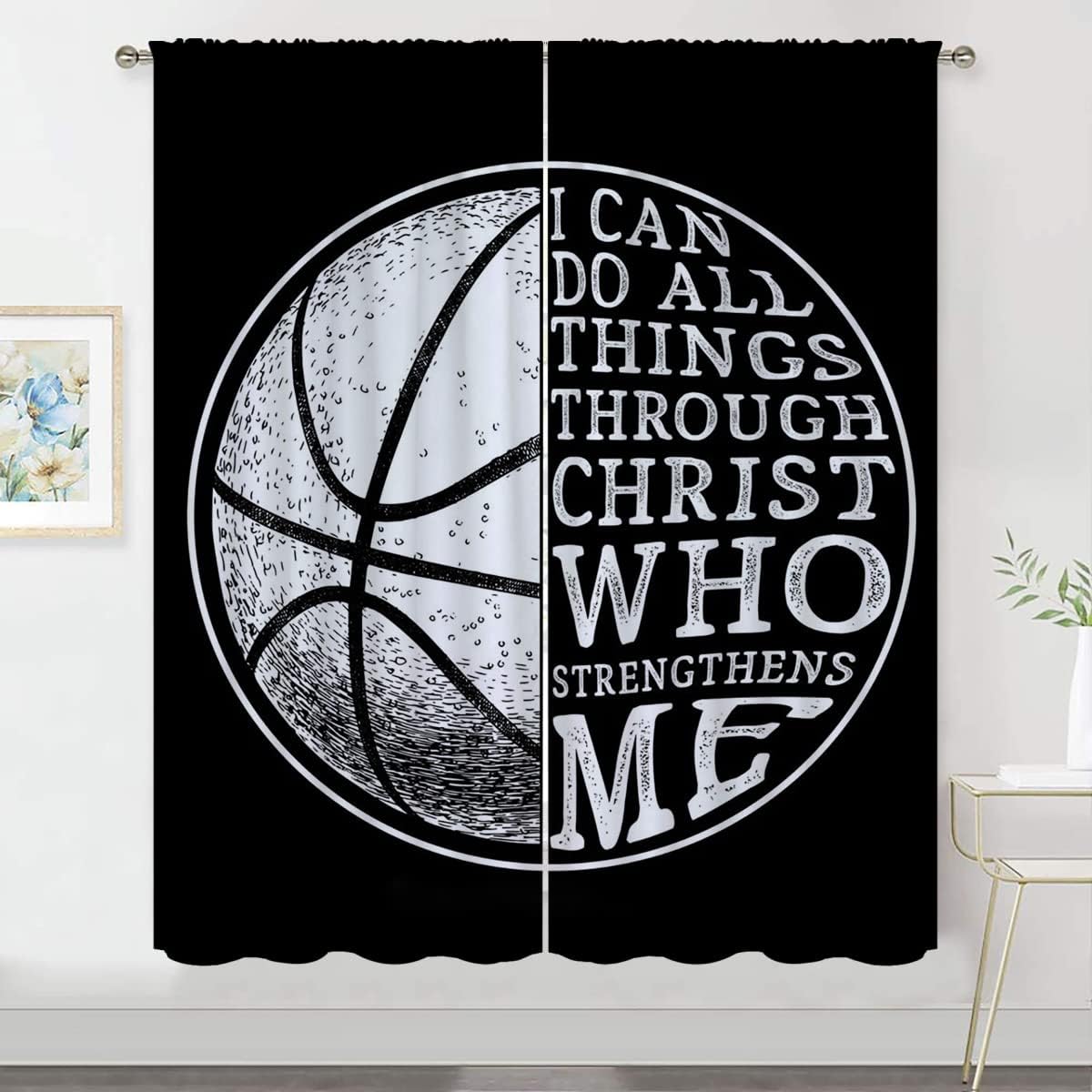 Basketball Blackout Curtains for Boy Girl Room Darkening Decor,Sport Theme and White Motto Dark Background Bedroom Living Room Home Rod Pocket Thermal Insulated Window Curtain/Drapes Panel,55x63 Inch…