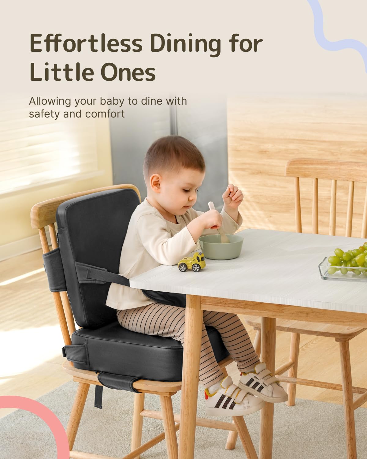 HOMEAL Booster Seat for Kitchen Chair, Breathable Toddler Booster Seat for Dining Table with Backrest and Adjustable Straps, Portable Travel Toddler Booster Seat, Dark Grey