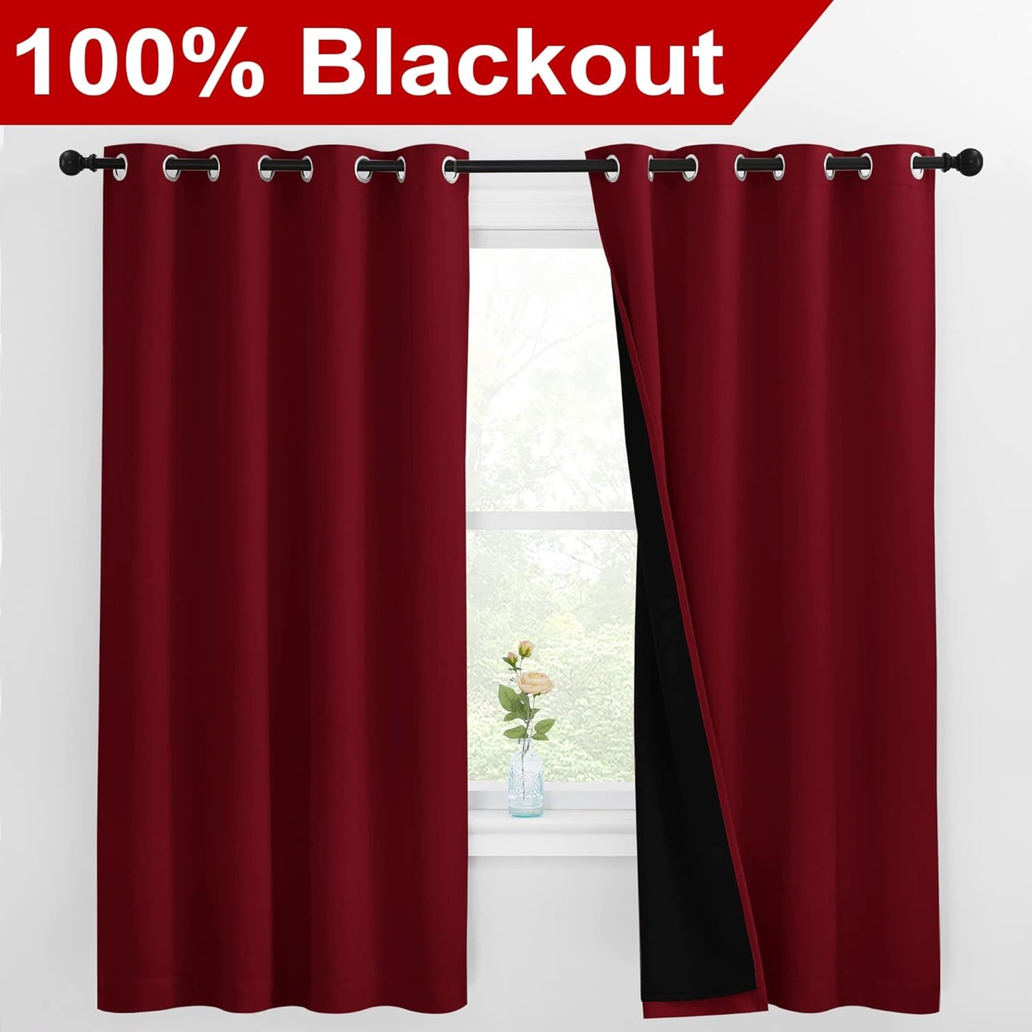 NICETOWN 100% Blackout Cold Blocking Curtain Panels, Thermal Insulated Curtains, Noise Reducing Drapes for Thanksgiving Day Window Decor (Set of 2, Burgundy Red, 55 inches Wide by 68 inches Long)