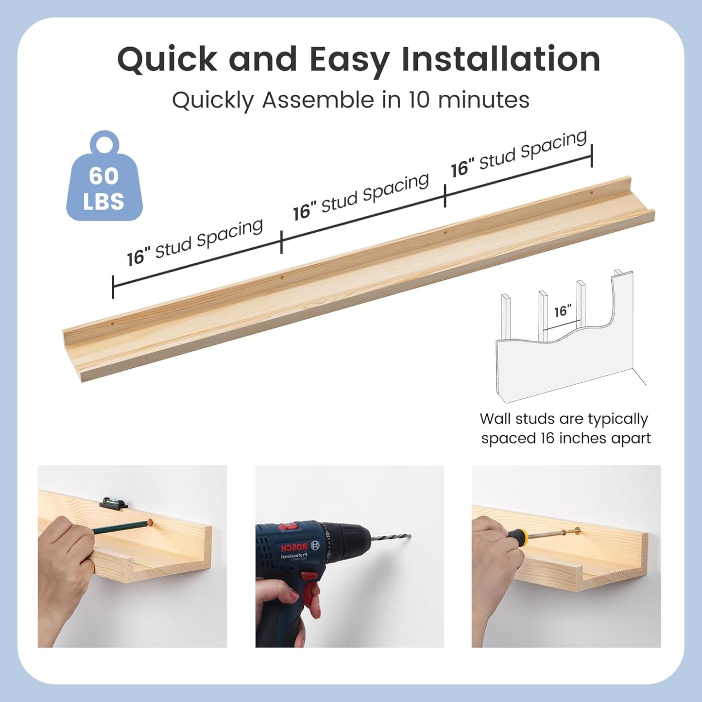Picture Ledge Shelf, Floating Shelves Set of 2, Solid Pine Wood 55'' Long Large Nursery Book Shelves for Toys Storage, Kids Bookshelf for Living Room Bedroom Decor Books Photo Frames, Natural