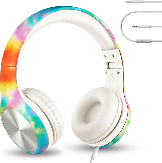 LilGadgets Connect+ Pro Kids Headphones with Mic and Cord, SharePort Technology, Over-Ear Foldable Headset, Volume Limit 93db, Wired Inline 3.5mm Jack for School - Tie Dye Rainbow Headphones for Kids