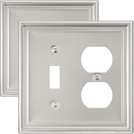 2-Pack Combination 1 Toggle/1 Duplex Wall Plate, Metal Switch Plate and Outlet Cover, Satin Nickel, Midsize, A035 Series