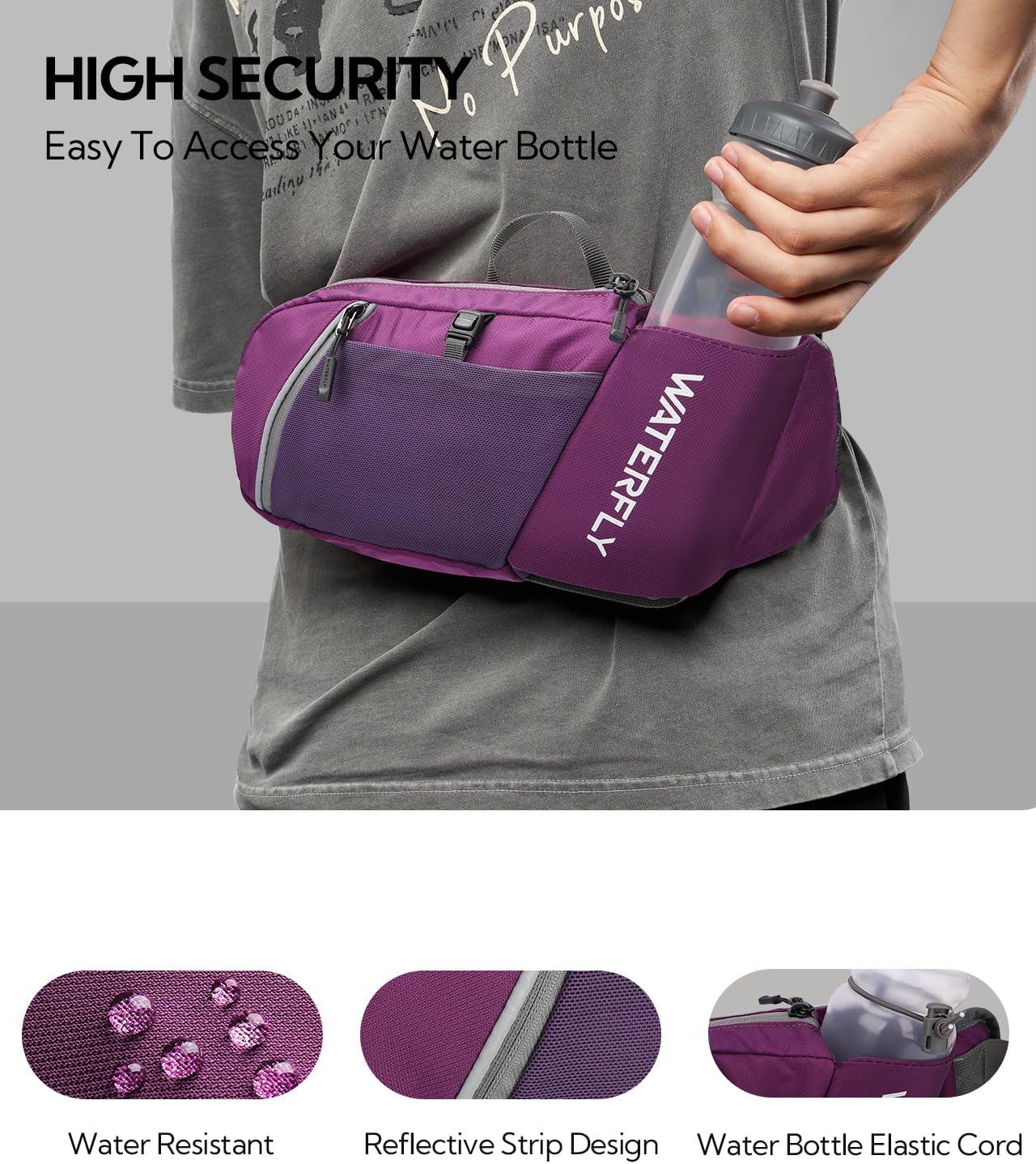 WATERFLY Fanny Pack Waist Bag: Hiking Water Bottle Holder with Strap Waist Pack for Women Men Hydration Hip Packs for Running Walking Traveling-Dark Purple