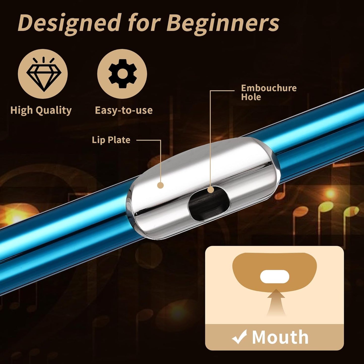 C Flute Closed Hole 16 Key for Beginner Student Blue Flute with Carrying Case Stand Gloves Cleaning Cloth for School Band Instruments