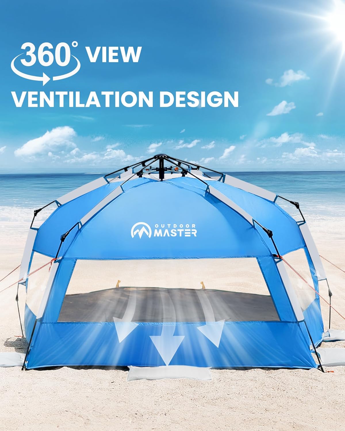 OutdoorMaster Beach Tent with Blackout Shelter Technology, Portable Beach Shade Sun Shelter Canopy for 4-6 Person with UPF 50+ UV Protection, Easy Setup Pop Up Tent Family Size