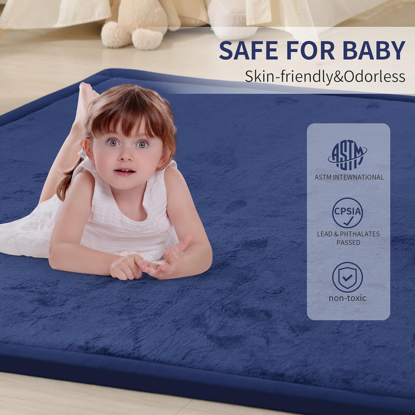 ACOMOPACK Baby Play Mat for Floor 1.3" Thick Memory Foam Play Mat 71"×79" Tummy Time Crawling with Non-Slip Bottom for Living Room,Nursery,Soft Velvet Playpen Mats for Kids,Infants（Royal Blue）