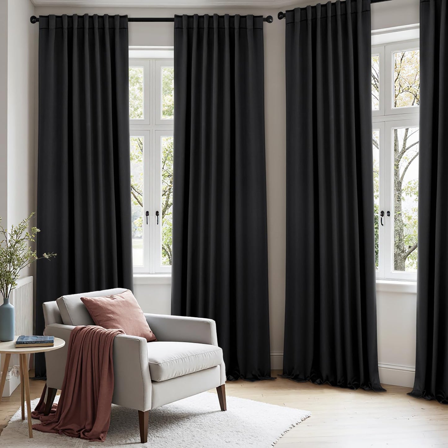 ANRODUO Back Tab Blackout Curtains for Bedroom Living Room, Rod Pocket Pinch Pleated Thermal Insulated Room Darkening Curtains 108 Inches Long 2 Panels, Black, 52 x 108 Inch
