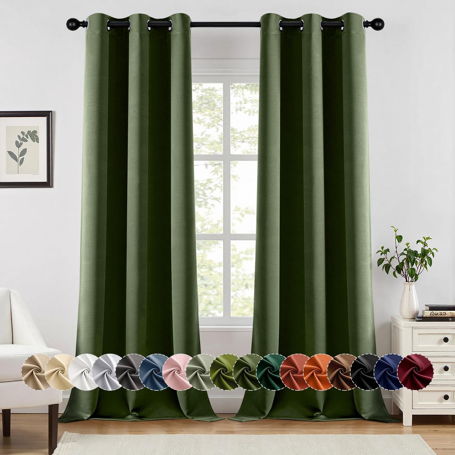 MIULEE Olive Green Blackout Curtains for Bedroom Living Room 96 Inches Long 2 Panels, Thermal Insulated Room Darkening Drapes Solid Grommet Top Noise Reducing Dark Green Window Treatments 40x96 Inch